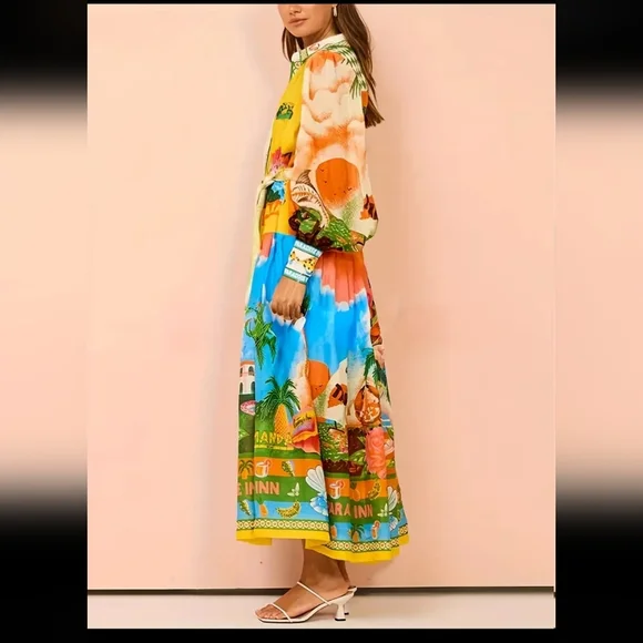 Green and Yellow Long Sleeve Resort Sundress - Picture 5 of 6